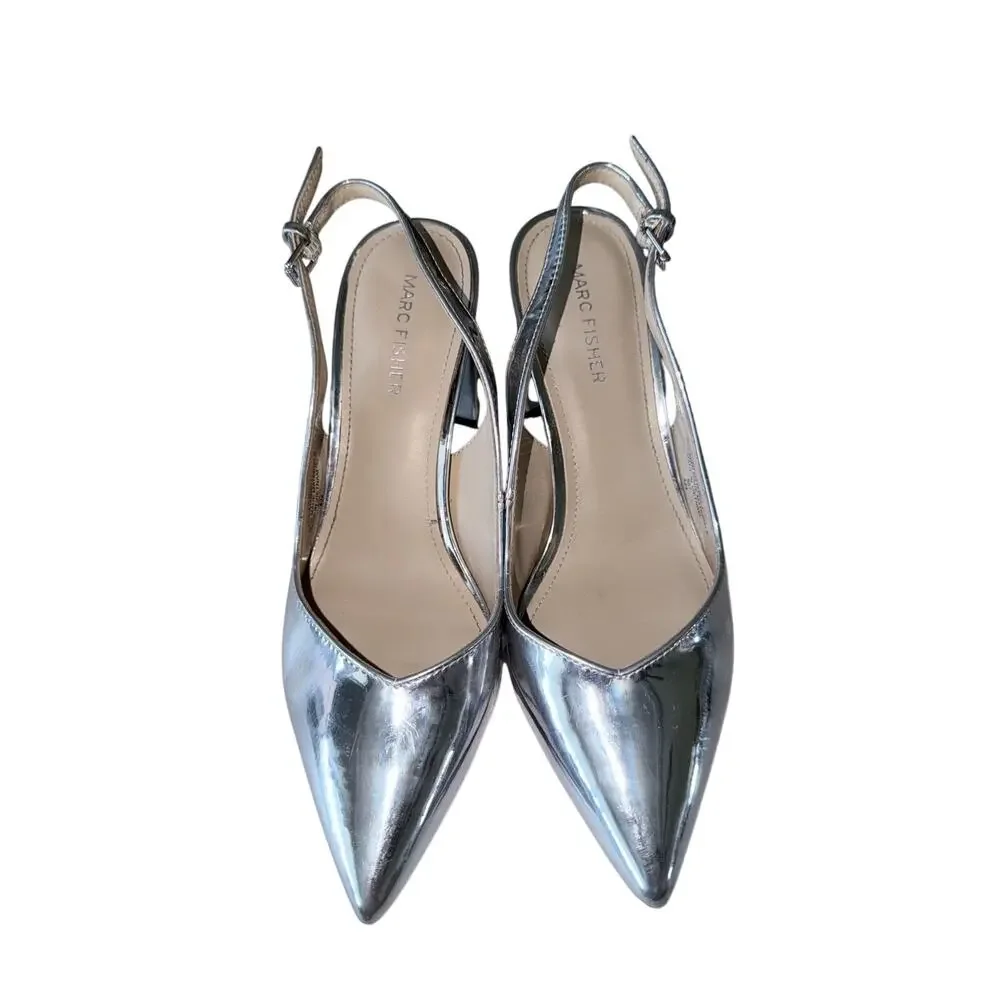 Marc Fisher silver mirror point toe sling back block heels shoes womens size 7.5